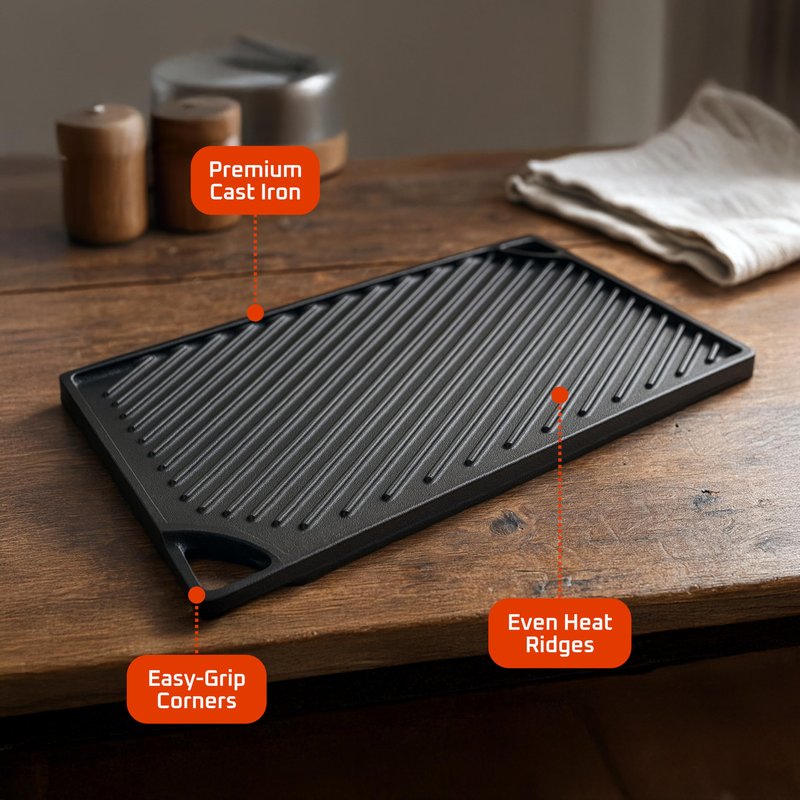 Bruntmor 2-in-1 Reversible Grill Plate - Pre-Seasoned Cast Iron Griddle Pan for Gas Stovetop, Oven, or Open Fire - 17x10-Inch Rectangular Double Sided Flat Pan for Camping, Roasting, and Grilling