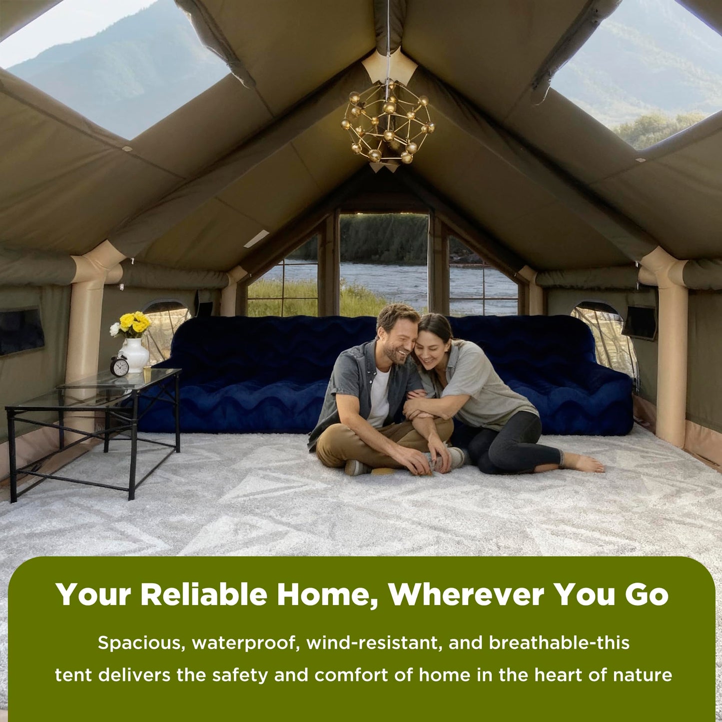 Large Luxury Inflatable Camping Tent, Technology Cotton Canvas Tent for 4-6-8-10-12 People | Breathable and Waterproof Tent with Skylight and Stove Jack, Suitable for Family Camping of 12 ㎡