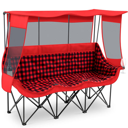 Teenyyou 3 Person Camping Chair with Canopy – Ultimate UV Sun Protection, 700lbs Heavy Duty Oversized Beach Chair, Foldable Portable Sofa with Cup Holder & Storage for Beach Lawn Outdoor(Red Black)