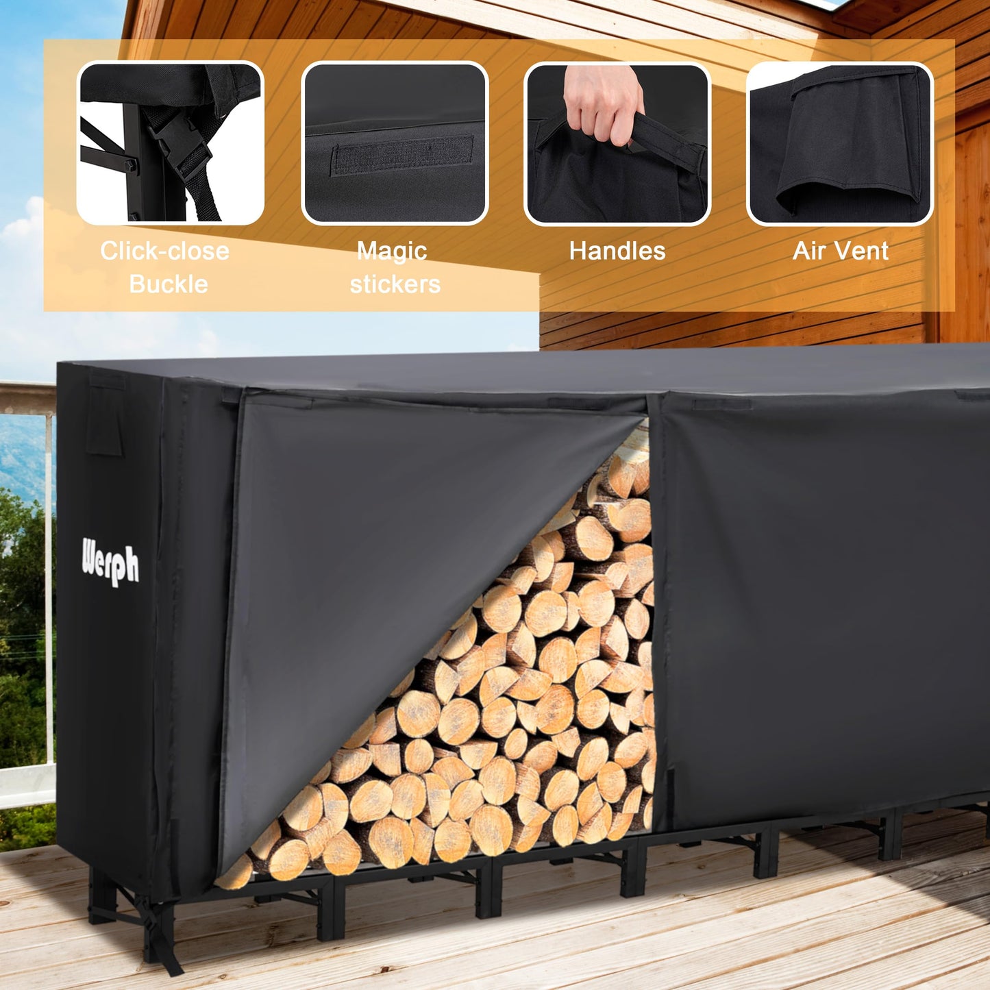 Werph 12FT Firewood Rack Outdoor,Heavy Duty Firewood Storage Rack,Outdoor Firewood Rack with Cover,Wood Rack Log Rack for Outdoor & Indoors, Black