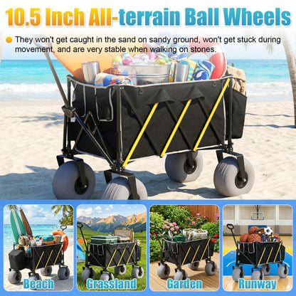 Beach Wagon with Big Wheels for Sand, Heavy Duty 350lbs Folding Beach Wagon with 10.5" All-Terrain Inflatable Wheels, Utility Cart for Camping, Outdoor Shopping, Garden & Sports, Includes Air Pump