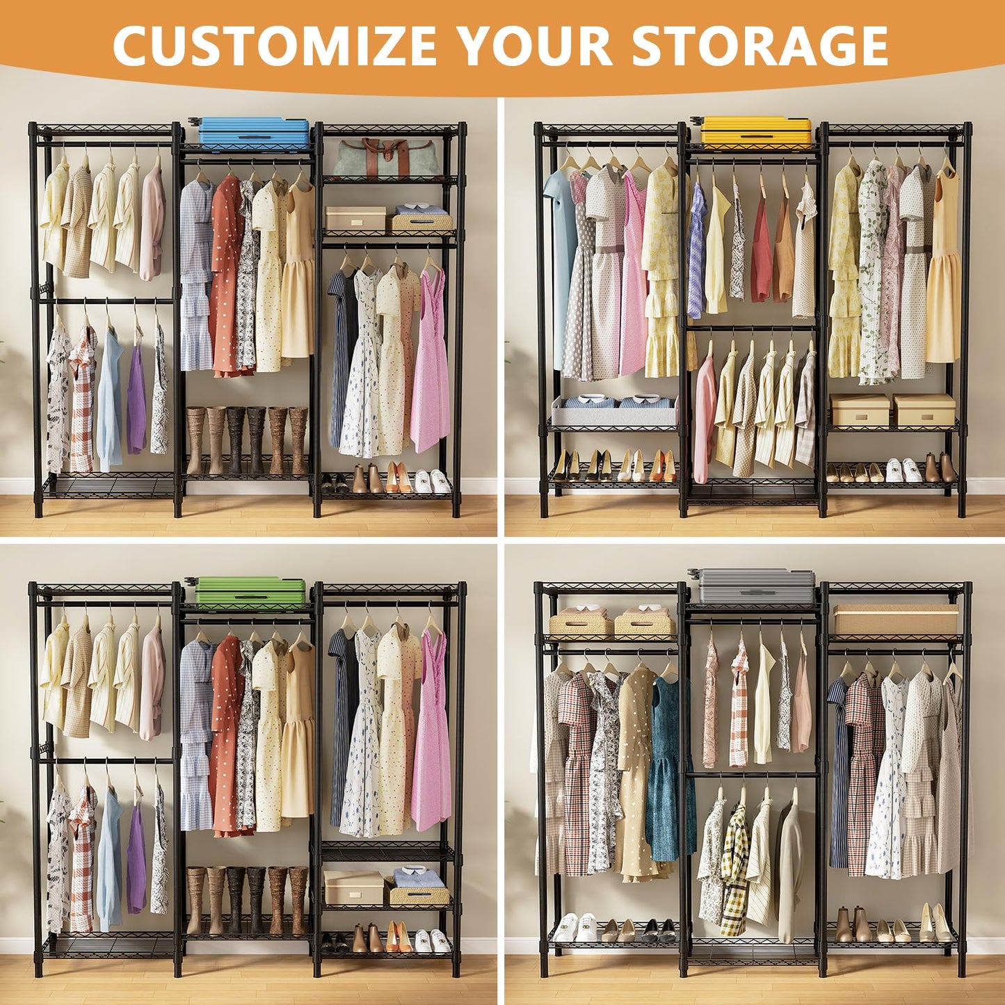 ROOMTEC Portable Closet Heavy Duty Clothes Rack Freestanding Wardrobe Closet Load 1000 LBS with Adjustable Wire Shelves, Hanging Rods, Hooks, 70.8" L x 15.1" W x 76.7" H, Black