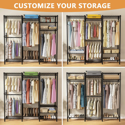 ROOMTEC Portable Closet Heavy Duty Clothes Rack Freestanding Wardrobe Closet Load 1000 LBS with Adjustable Wire Shelves, Hanging Rods, Hooks, 70.8" L x 15.1" W x 76.7" H, Black