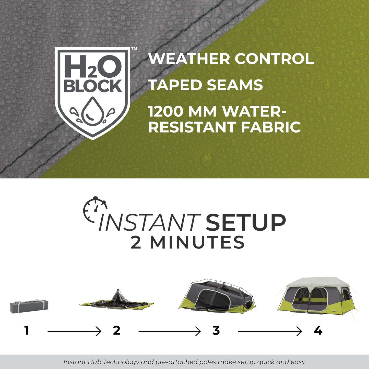 CORE 10 Person Instant Cabin Tent | Large Multi Room Family Pop Up Tent for 2 Minute Camp Setup | Included Storage Pockets for Camping Accessories