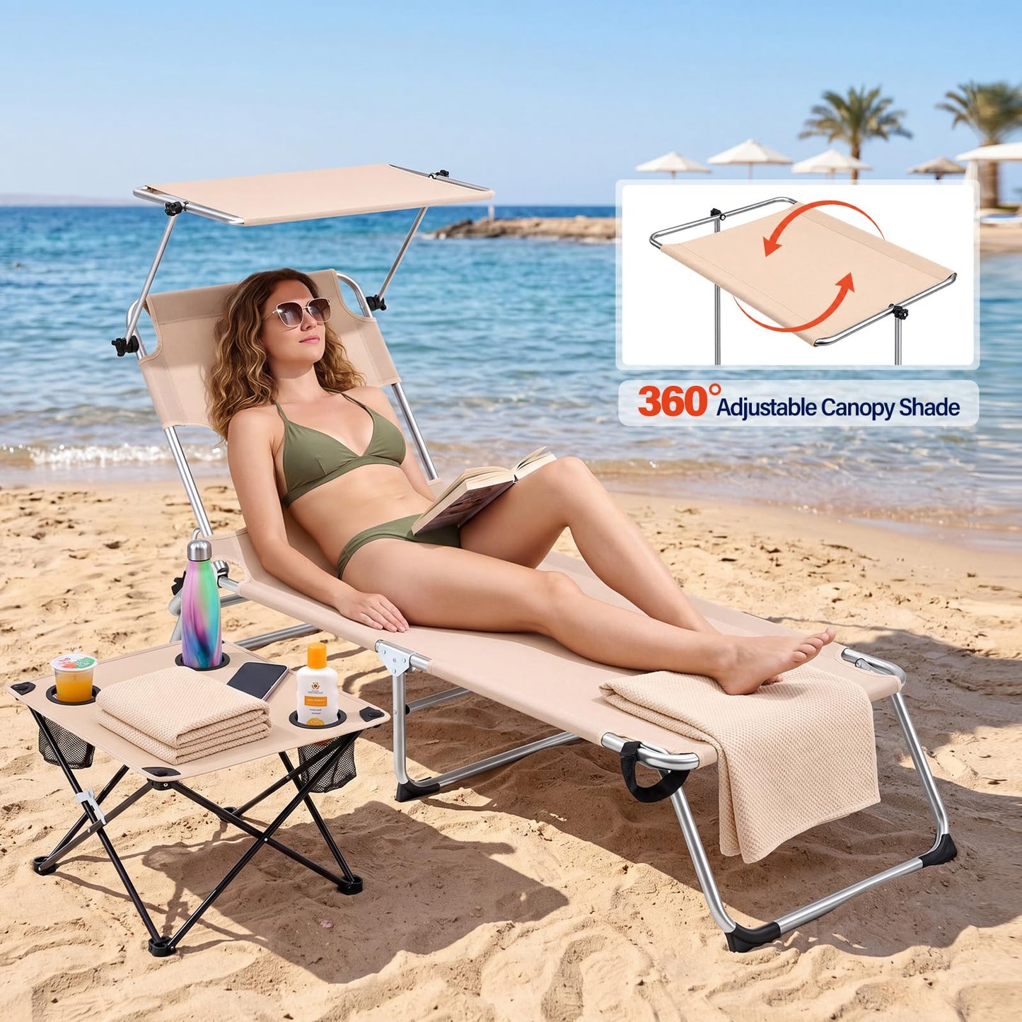 Karenhi 3 Pcs Beach Lounge Chair Set with Table and Face Hole, Adjustable Tanning Recliner with Canopy, 2 Replaceable Towels Portable Folding Design for Outdoor, Poolside, Patio and Sunbathing