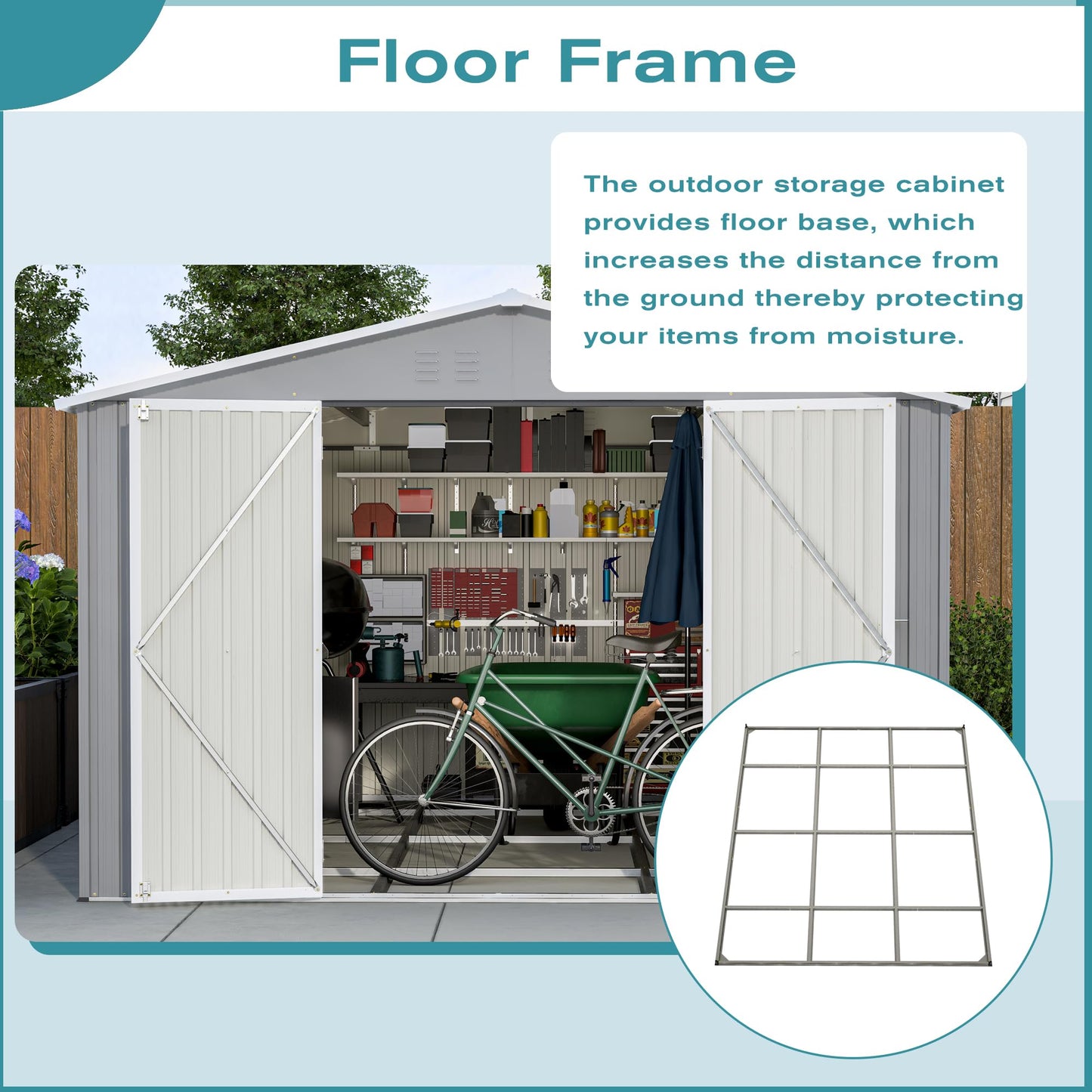 YOPTO 10x12 FT Outdoor Storage Shed with Floor Frame Kit,Metal Shed W/Double Lockable Doors,Garden Tool Storage House W/ 4 Air Vents & Sloped Roof,for Backyard,Patio,Lawn,Gray