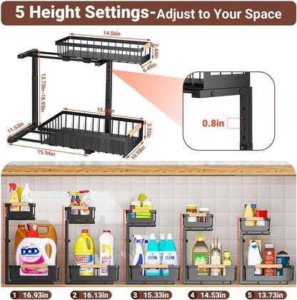 Under Sink Organizer - L-Shape 2-Tier Pull-Out Cabinet Storage Rack | Adjustable Height, Black, 2 Pack