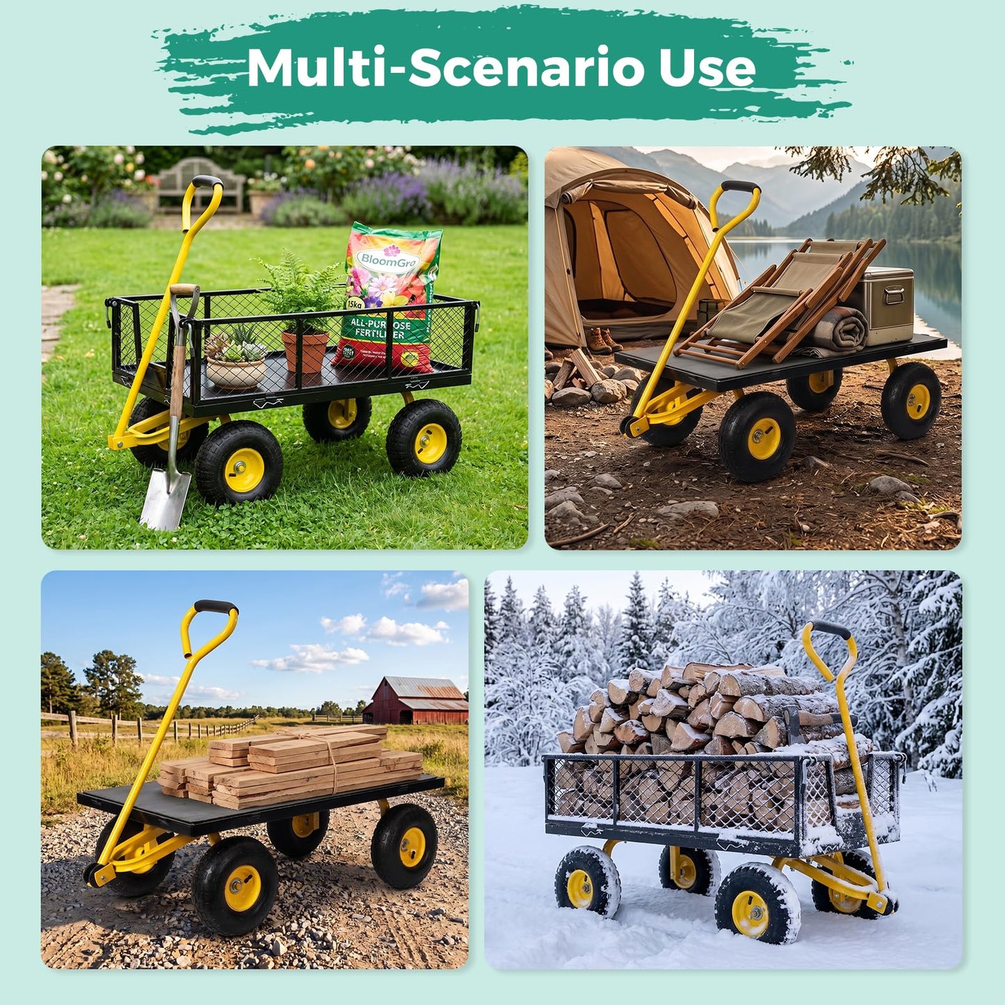 SUNNYFEEL 900 LBS Heavy Duty Steel Garden Cart, Utility Garden Wagon Cart with 10" Flat-Free Wheels and Removable Sides, All Season Yard Cart with 180° Adjustable Handle