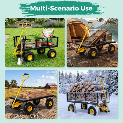 SUNNYFEEL 900 LBS Heavy Duty Steel Garden Cart, Utility Garden Wagon Cart with 10" Flat-Free Wheels and Removable Sides, All Season Yard Cart with 180° Adjustable Handle