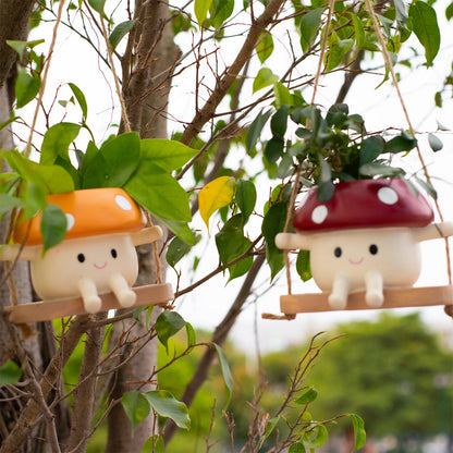 2pcs Mushroom Smily Swing Face Planter Pot, Cute Hanging Resin Flower Head Planter for Indoor Outdoor Plants,Gift IdeaI for Mother,Father and Appreciation Christmas with Drainage Hole (Red&Yellow)