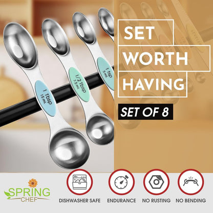 Spring Chef Stainless Steel Magnetic Measuring Spoons Set of 8 with Leveler, Metal Teaspoon & Tablespoon Measuring Spoons for Dry and Liquid Ingredients, Kitchen Gadgets for Baking & Cooking - Pastel