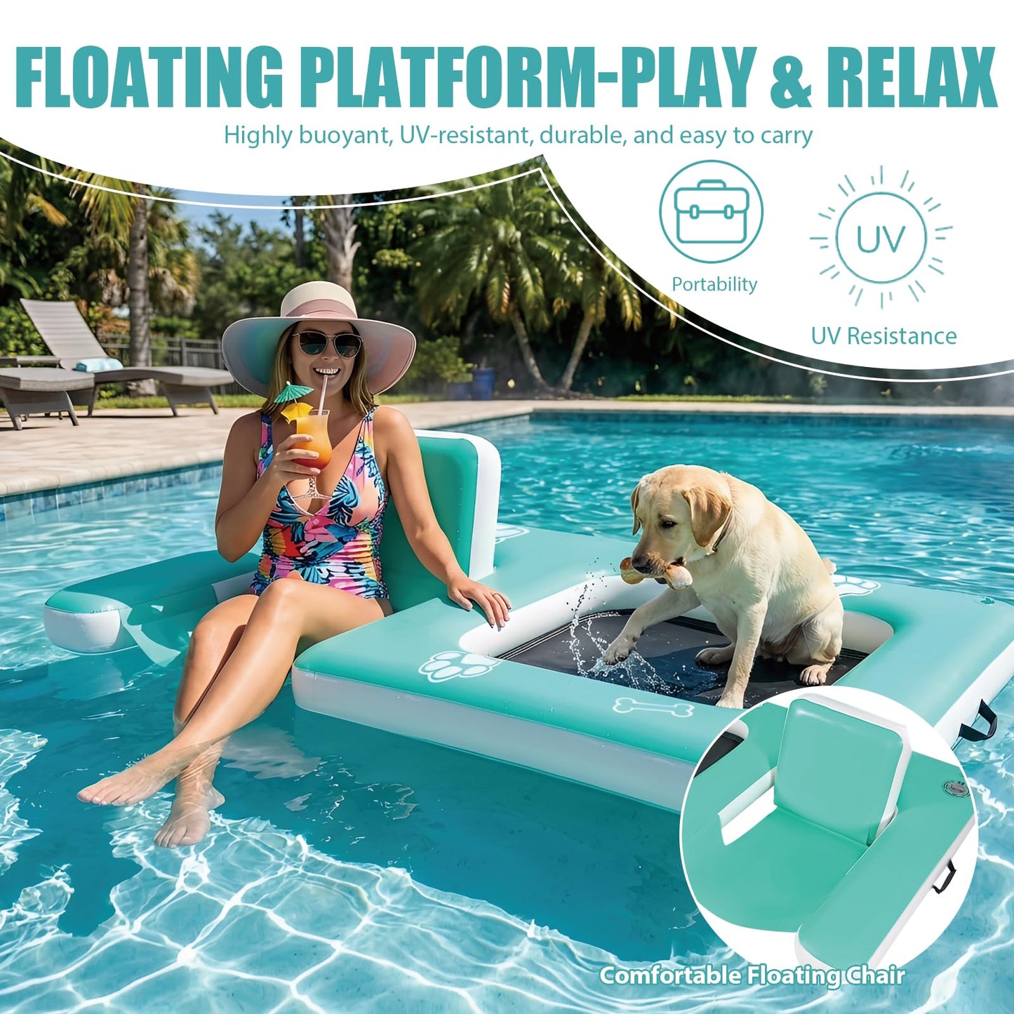 JUSTOOP Inflatable Dog Pool Float with Seat, Durable PVC Inflatable Floating Dock with Mesh Swim Area, Floating Platform Swim Docks for Adults & Dogs, 242 lbs Capacity, Portable Floating Lounge