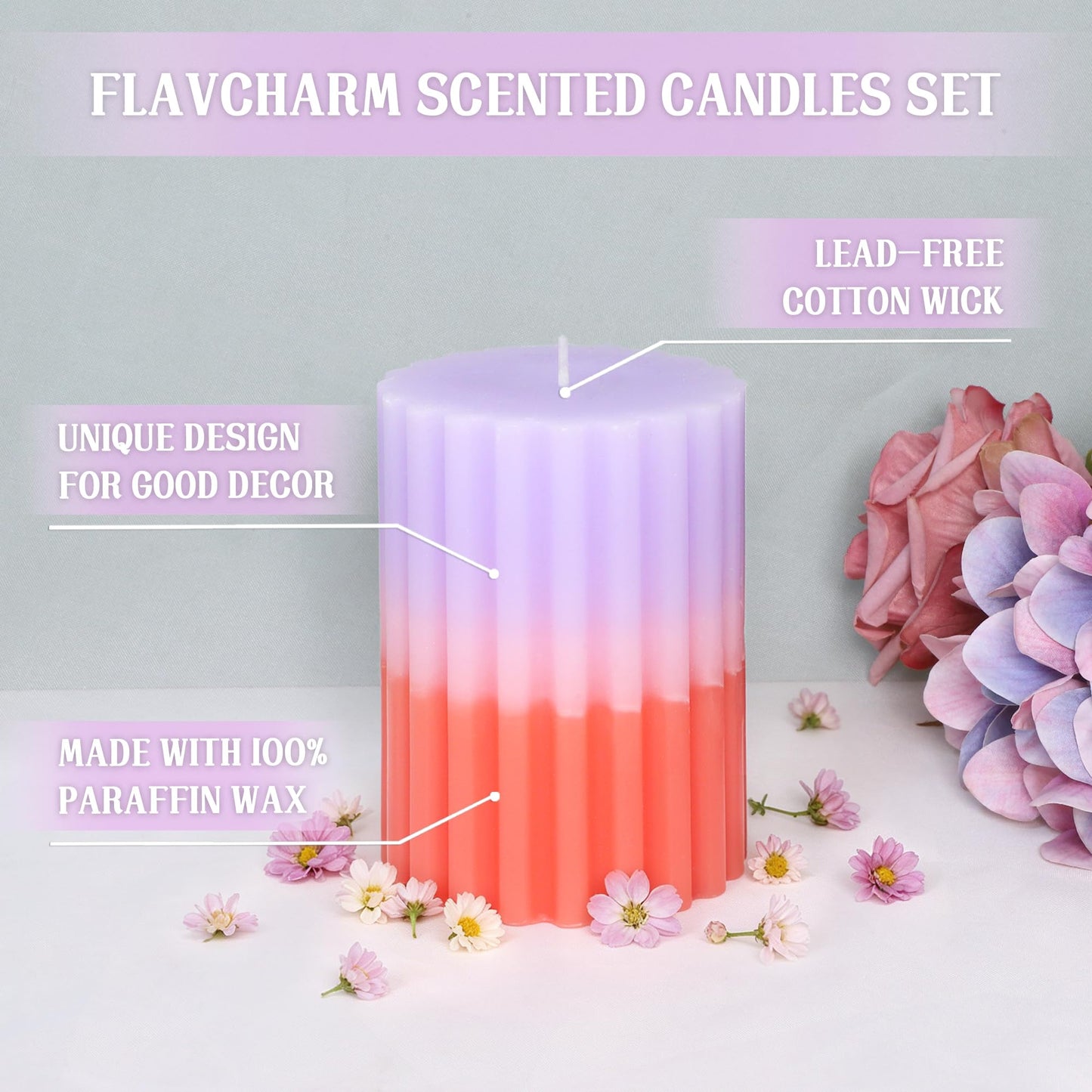 FLAVCHARM Ribbed Pillar Candles Purple Coral Gradient Vanilla Scented 3x4 Inch Candle Handmade Striped Aesthetic Retro Textured Pillar Candle for Boho Home Decor, Coffee Table, Weddings Party, 3-Pack
