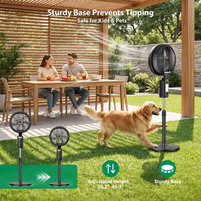 Ausic Outdoor Misting Fan for Patio, 30000mAh Rechargeable Battery Powered Cordless Pedestal Fan, 12" Oscillating Portable Cooling Fan, Standing Fan with Remote Mister for Camping/Backyard