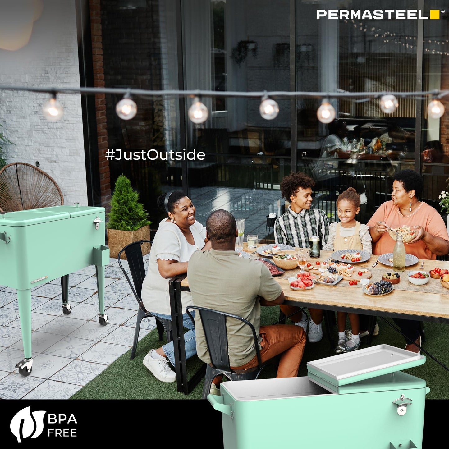 Permasteel 80-Qt Classic Outdoor Patio Cooler for Outside |Rolling Beverage Cooler Bar Cart with Wheels & Handles, Retro Design, Mint