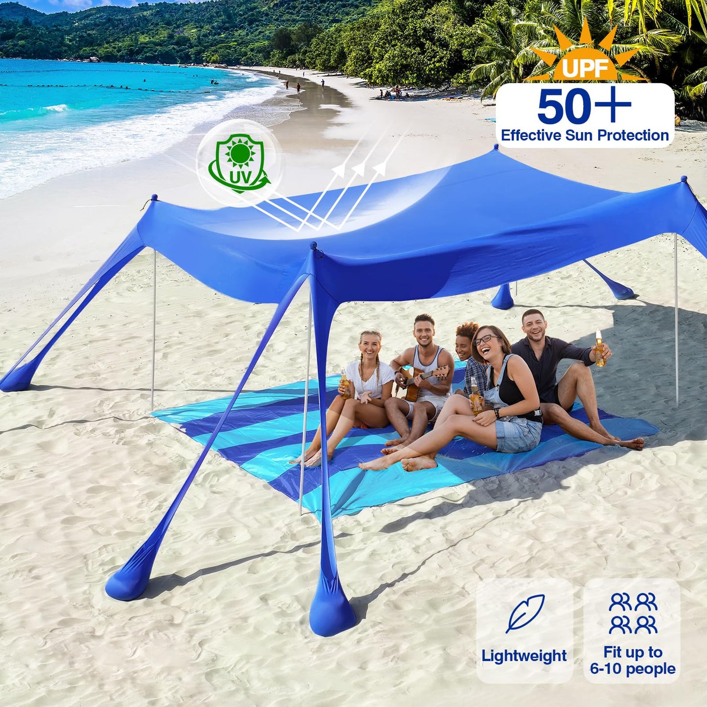 Rhino Valley Beach Tent, 10 x 13 FT Beach Shade UPF50+ Protection, Beach Canopy with 8 Sandbags 4 Stability Poles,Outdoor Beach Tent Sun Shelter Umbrella for Sand,Camping,Fishing Essentials, Indigo