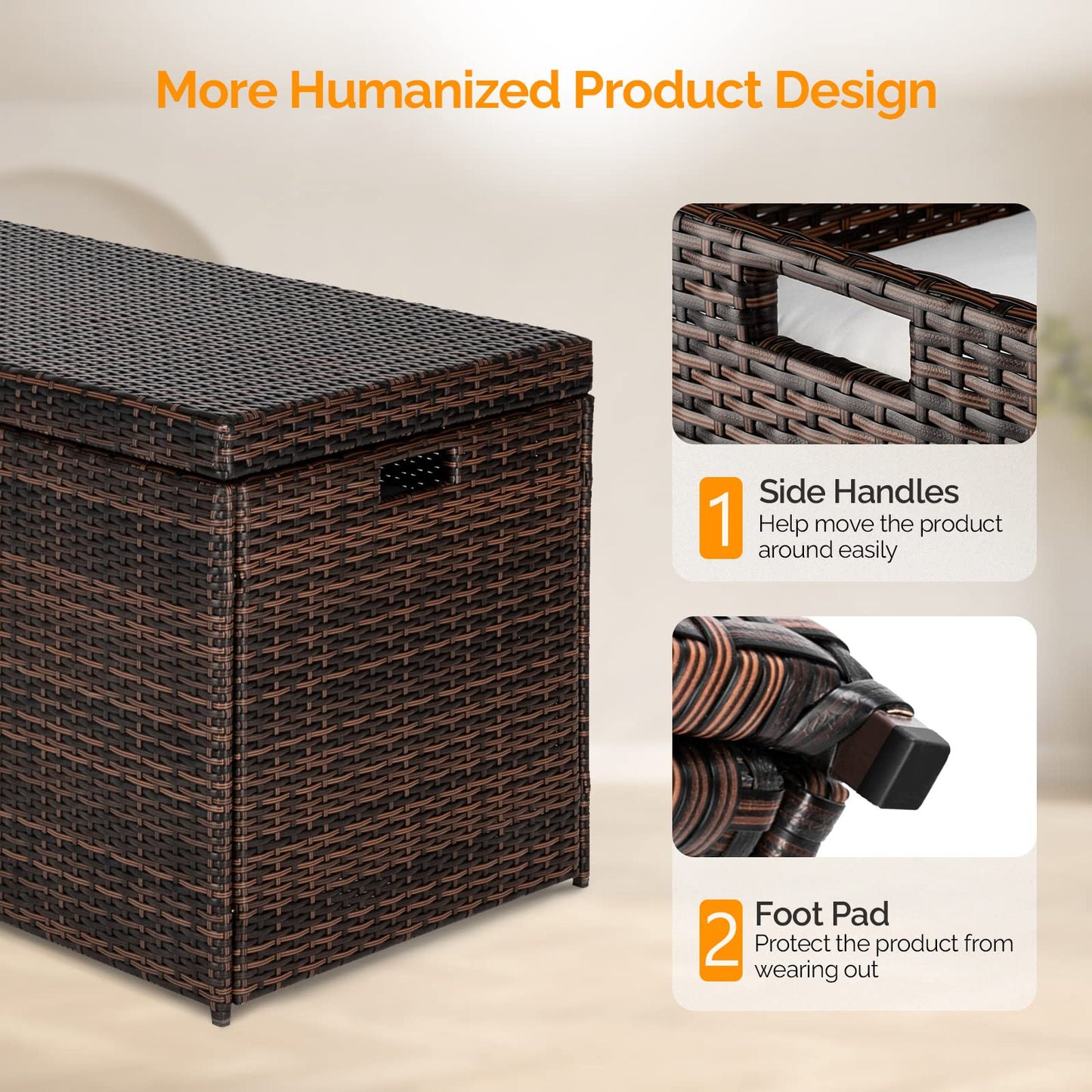 VINGLI Outdoor Wicker Storage Box, 132 Gallon Patio Rattan Deck Box, Wicker Storage Bench for Indoor, Outdoor, Pool, Balcony, Yard, Garden – Dark Brown