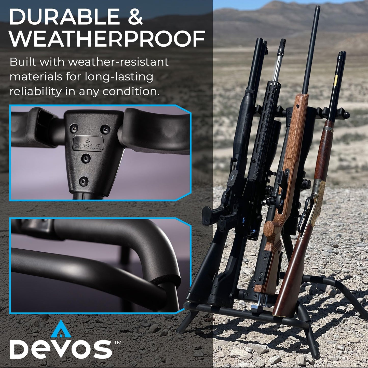 Devos Outdoor RangeRack | Portable Rifle Shotgun and Bow Stand | Ultralight Compact Folding Design | Stable for 1 to 4 Firearms or Compound Bows | Weather Resistant Aluminum Frame