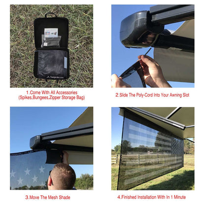 Tentproinc RV Awning Sun Shade Screen 7' X 16' 3'' (American Flag) Black Mesh Sunshade Camper Trailer Awning Shade Screen UV Blocker Completed Kits