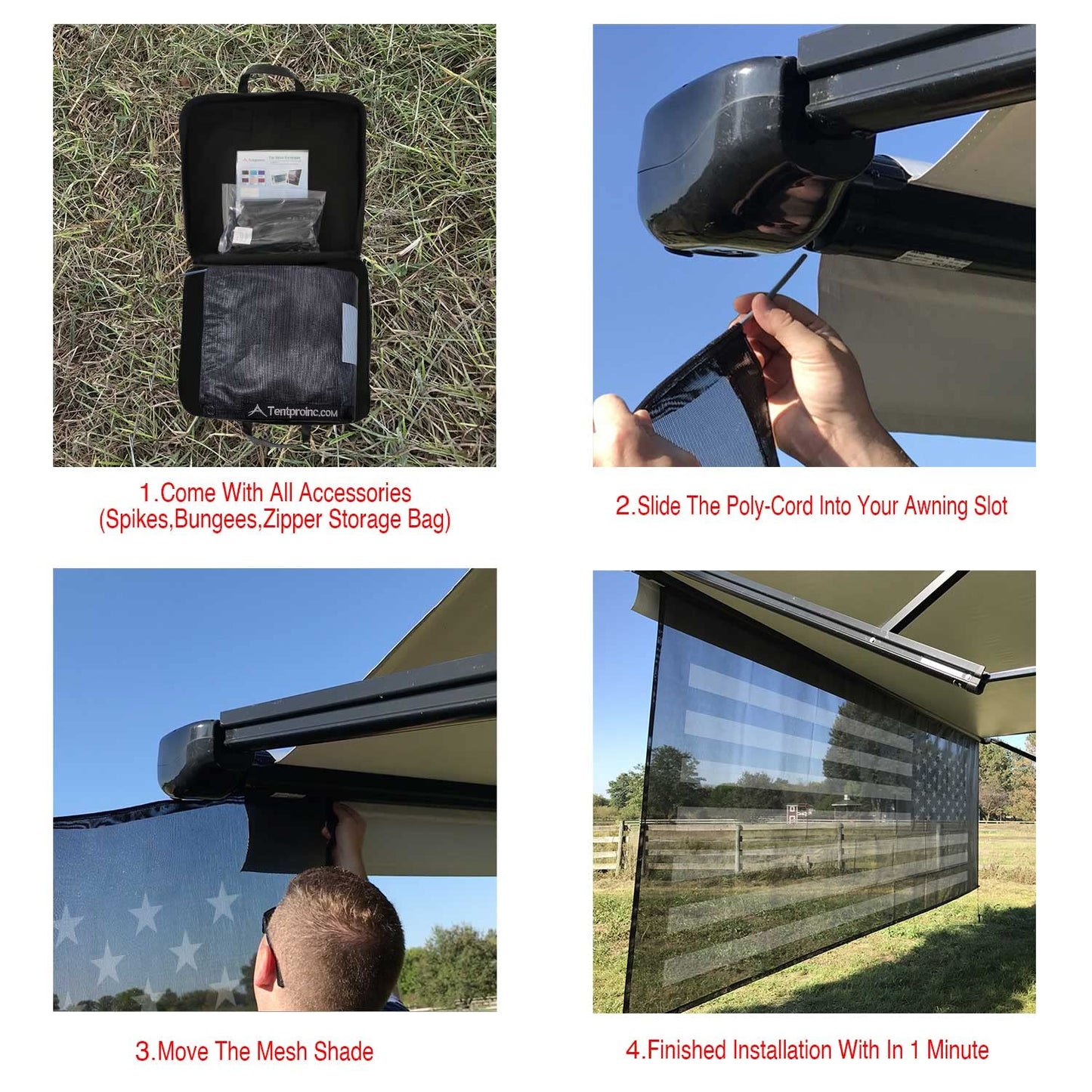 Tentproinc RV Awning Sun Shade Screen 8' X 16' 3'' (American Flag) Black Mesh Sunshade Camper Trailer Awning Shade Screen UV Blocker Completed Kits