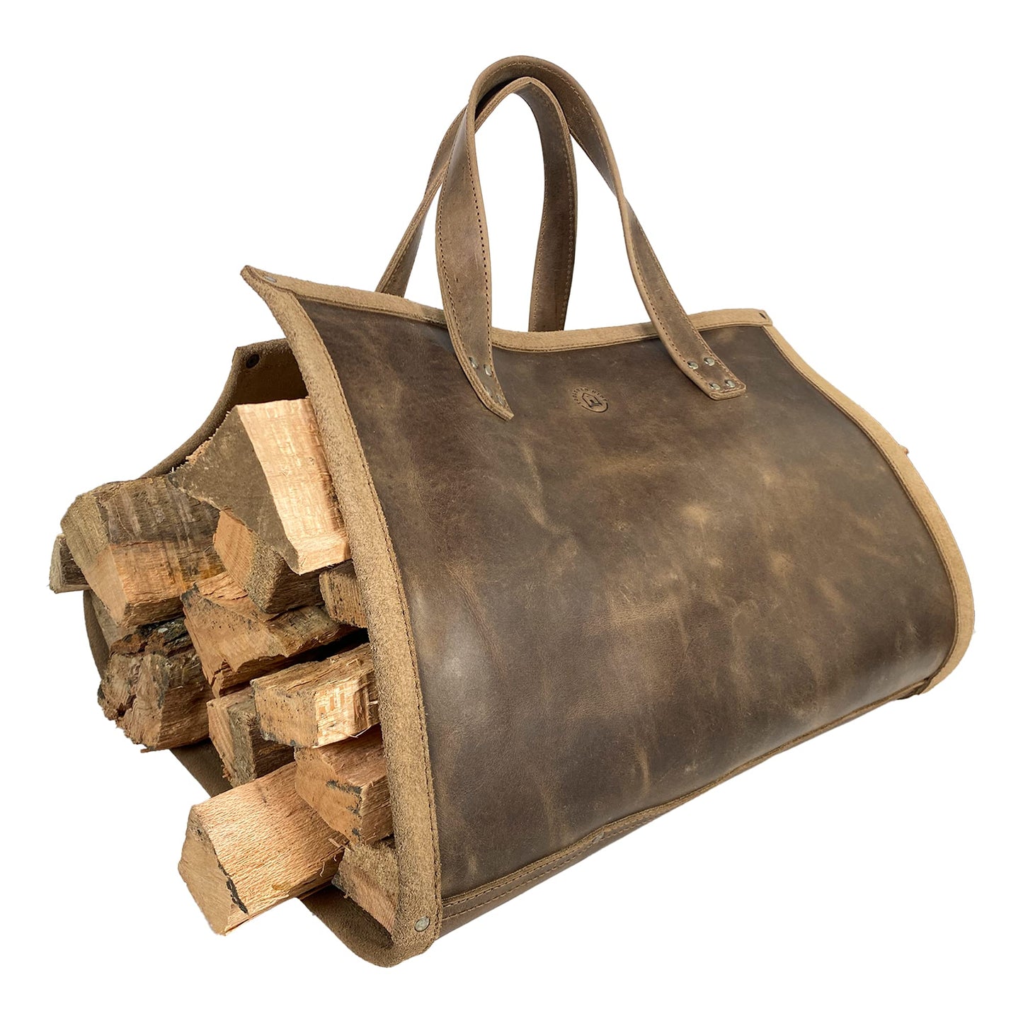 Toolshed Hide, Rustic Firewood Carrier with Handles, Foldable Log Bag, Fireplace Wood Stove Accessories, Full Grain Leather, Handmade, Bourbon Brown