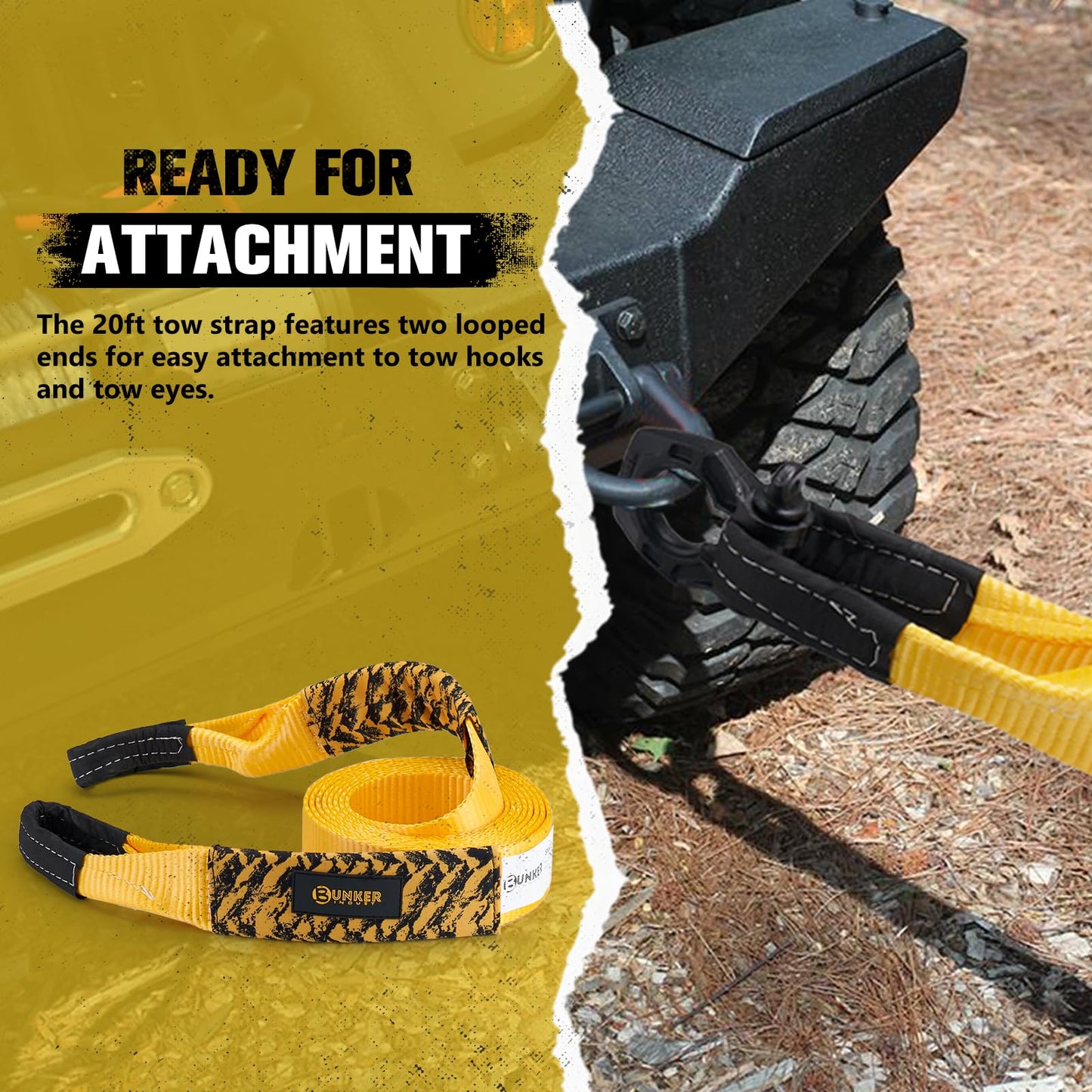 BUNKER INDUST Off-Road Traction Boards (Black) + 3" x 20ft Tree Saver Winch Strap 35,000 lbs Recovery Straps