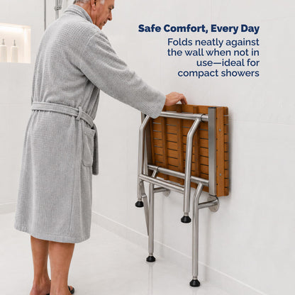 Teak Shower Seat Bench with Drop Down Legs – ADA Compliant Folding Teak Shower Bench, Wall Mounted Fold Up Bath Seat, 400 lb Capacity, Waterproof Teak Wood (18 Inches)