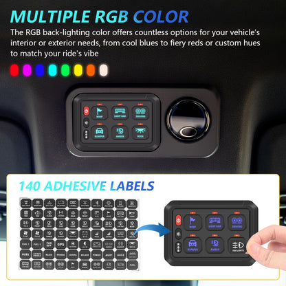Chelhead 6 Gang Bluetooth Switch Panel Boat Switch Panel with Circuit Breaker IP 65 Waterproof Constant Momentary Flash Strobe Compatible with RV Truck UTV SUV ATV Bus Boat Jeep