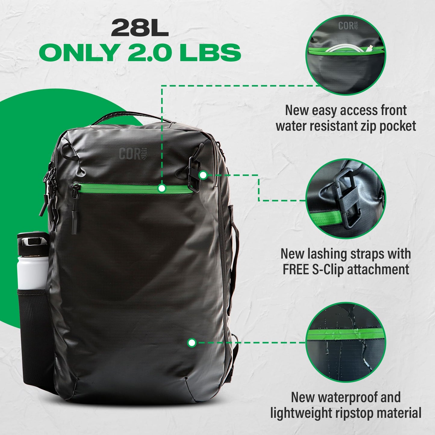 COR Surf Carry On Travel Backpack Bundle | Island Hopper Travel Backpack with Toiletry Bag and Compression Packing Cube Set (28L 2.0, Black with Green Zipper)