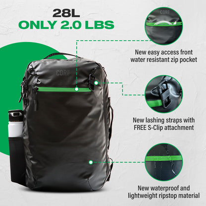 COR Surf Carry On Travel Backpack Bundle | Island Hopper Travel Backpack with Toiletry Bag and Compression Packing Cube Set (34L 2.0, Black with Green Zipper)