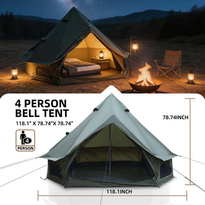 KEIKI 4 Season Canvas Bell Tent 9.8 FT Waterproof All Weather Glamping Yurt Tent, Luxury Hot Tent Stove Jack, Breathable Compact Family Camping Teepee for 4 People Outdoor Music Festival Party, Green