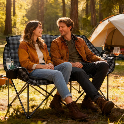 Bolosy Double Camping Chair Padded Loveseat Camping Couch Oversized 2 Person Camp Chairs for Adults Heavy Duty Two Person Folding Lawn Chair Camping Sofa with Cup Holders, Plaid