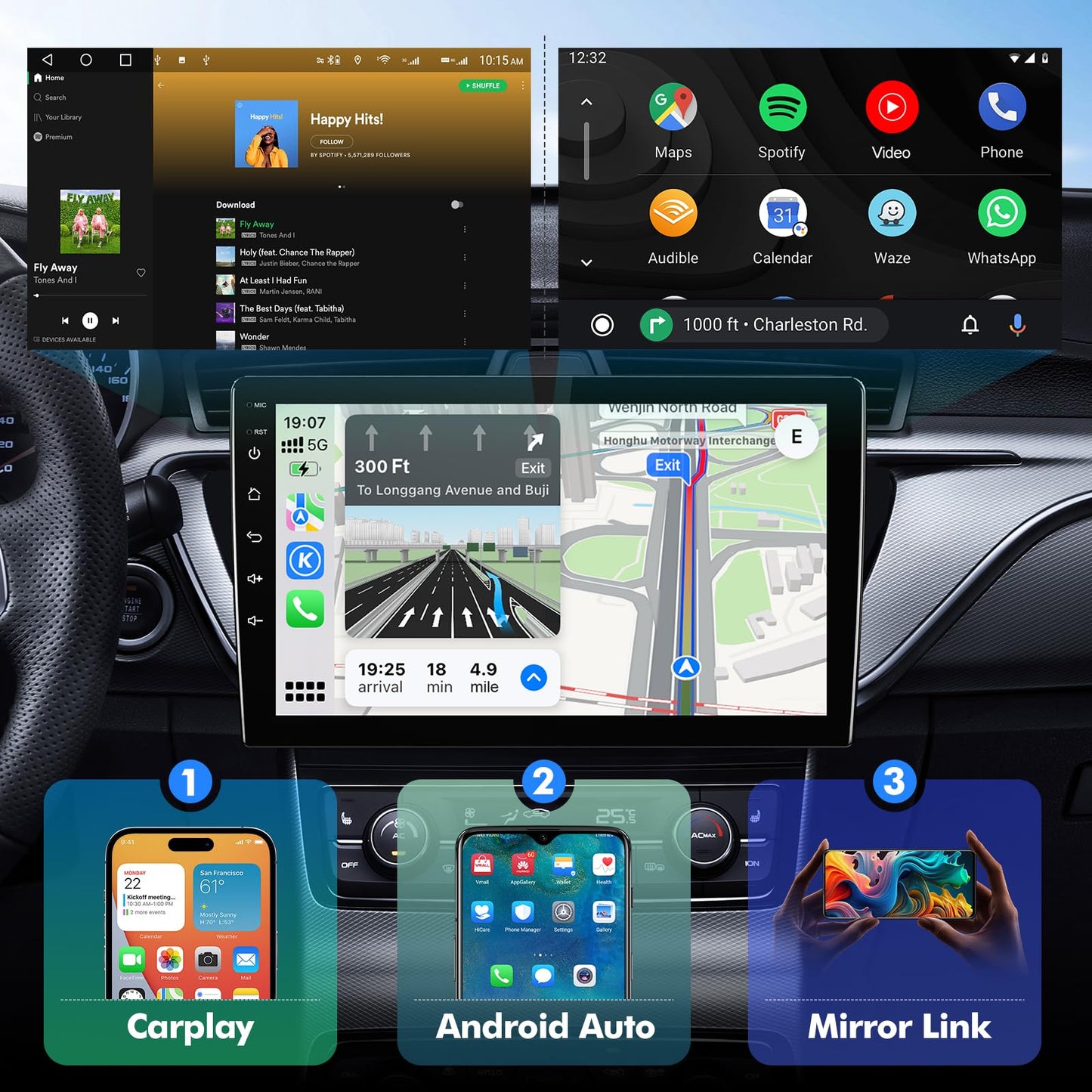 Android 14 Car Radio for 2+64G Jeep Compass/Patriot 2017-2019 10.1'' 1280 * 720 Touchscreen Car Stereo with Carplay Android Auto Backup Camera Mirror Link GPS Navigation WiFi 6 Bluetooth 5.4 FM SWC