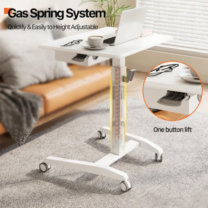 JOY worker Mobile Standing Desk with Storage Drawer, Pneumatic Height Adjustable Mobile Laptop Desk Workstation, White Rolling Cart with Wheels for Home Office Classroom
