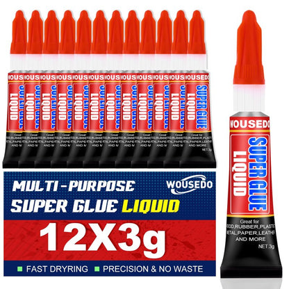 WOUSEDO 12 X 3g Super Glue Liquid, Clear Strong Adhesive,Fast Drying Cyanoacrylate Glue for Wood, Rubber, Leather, Plastic, Metal, DIY Crafts and More