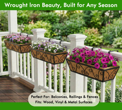 Y&M 24 Inch Window Deck with Coco Liner, Fence Metal Hanging Flower Planter Window Basket Deck Railing Planter Boxes for Outdoor Garden Lawn-Butterfly,2pcs