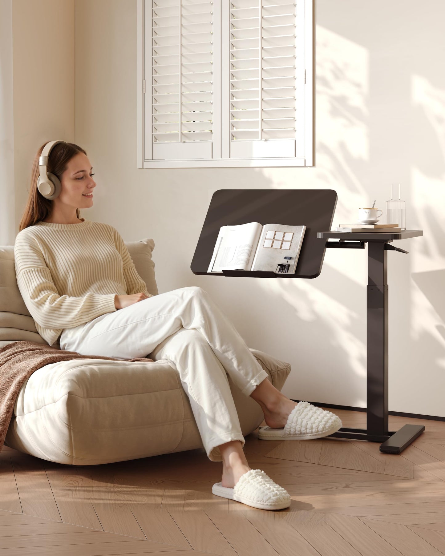 FLEXISPOT Adjustable Height C-Shaped End Table with Split Tilting Top – Mobile Side Table for Sofa & Bedside, Slides Under Furniture, Hidden Wheels for Small Spaces(31.6" W x 15.7" D,Black)