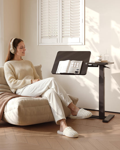 FLEXISPOT Adjustable Height C-Shaped End Table with Split Tilting Top – Mobile Side Table for Sofa & Bedside, Slides Under Furniture, Hidden Wheels for Small Spaces(31.6" W x 15.7" D,Black)