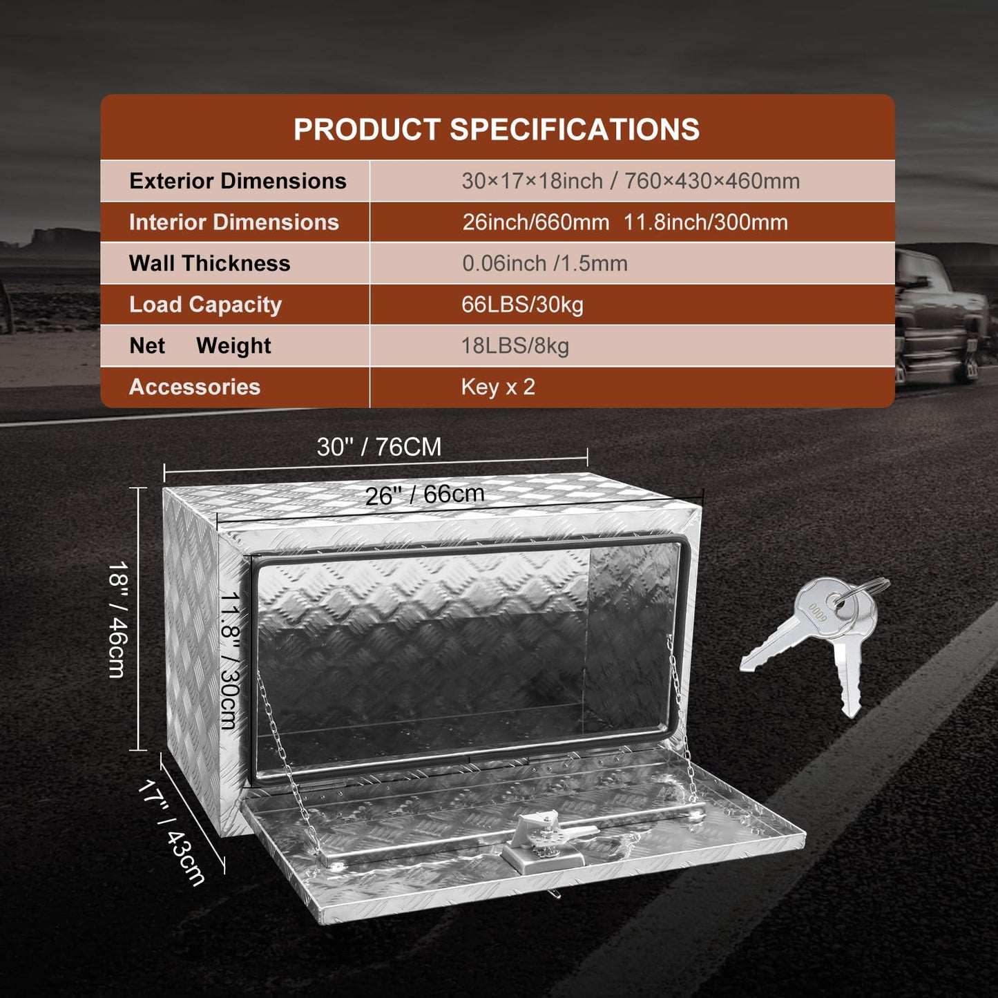 VEVOR Underbody Truck Box, 30"×17"×18" Pickup Storage Box, Heavy Duty Aluminum Diamond Plate Tool Box with Lock and Keys, Waterproof Trailer Storage Box with T-Handle Latch for Truck, Van, Trailer