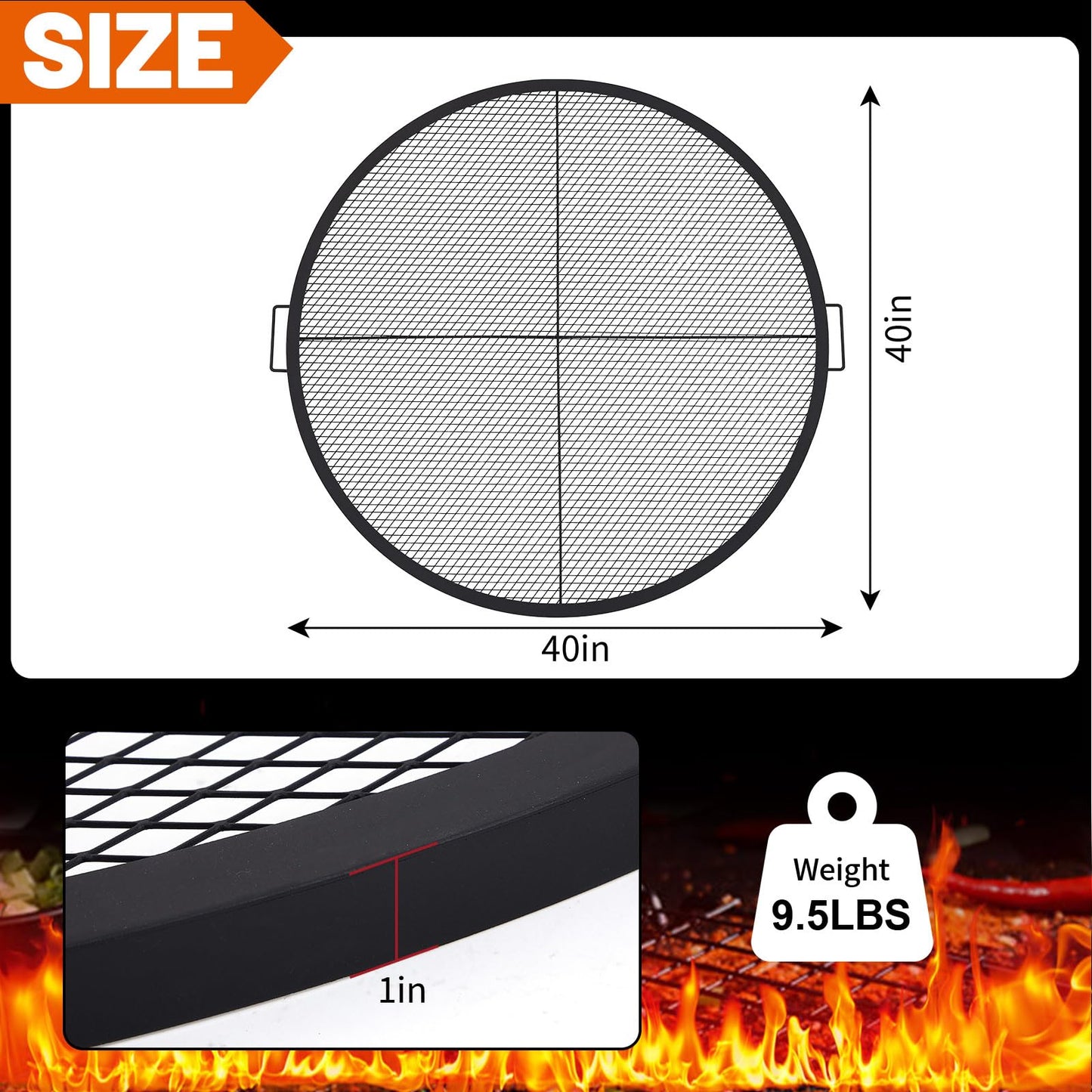 Ferrochef 40 Inch Fire Pit Grill Grate Fire Pit Cooking Grate Heavy Duty Steel Campfire BBQ Grill Grid with Handles for Outdoor Camping Cooking (Infoldable Round)