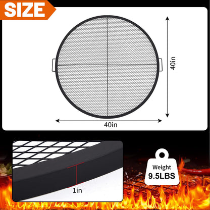 Ferrochef 40 Inch Fire Pit Grill Grate Fire Pit Cooking Grate Heavy Duty Steel Campfire BBQ Grill Grid with Handles for Outdoor Camping Cooking (Infoldable Round)