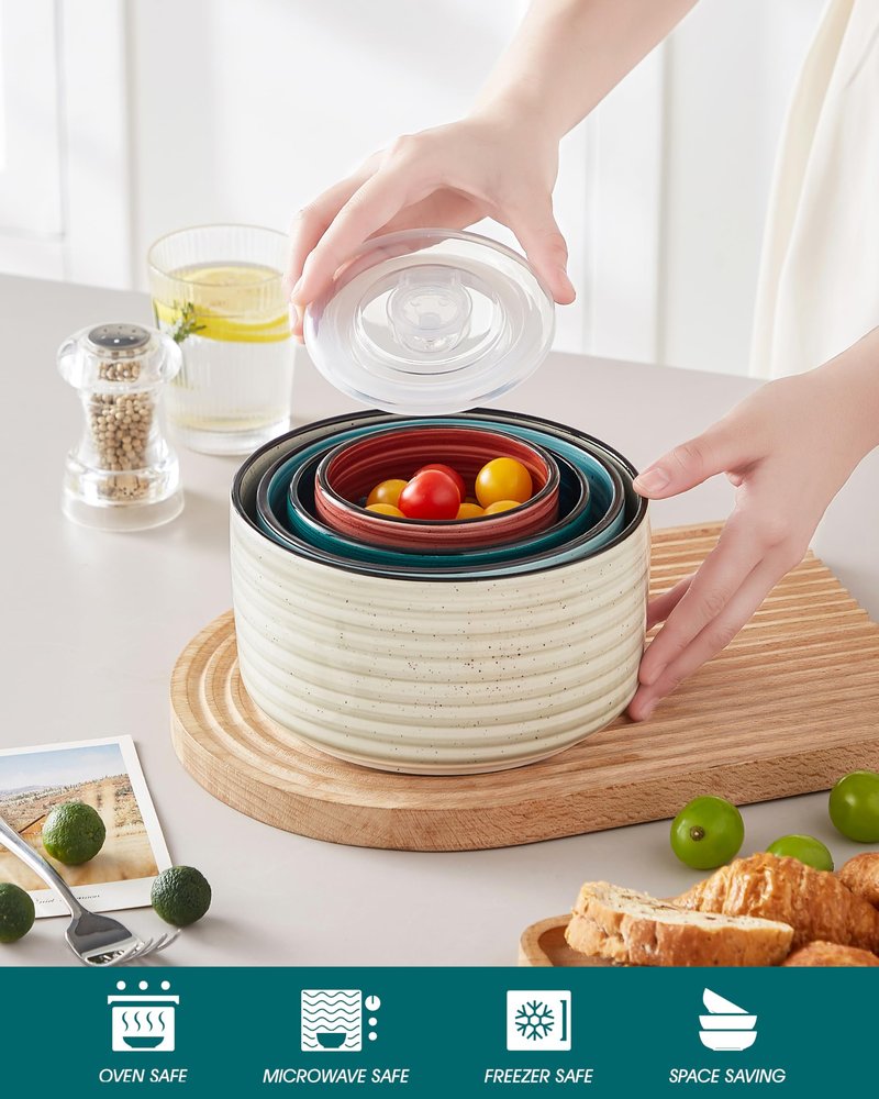 vancasso Ceramic Serving Bowls With Lids Set of 4, Airtight Nesting Bowls for Food Storage, Meal Prep, Leftovers, Microwave and Dishwasher Safe, 60/36/20/10 oz