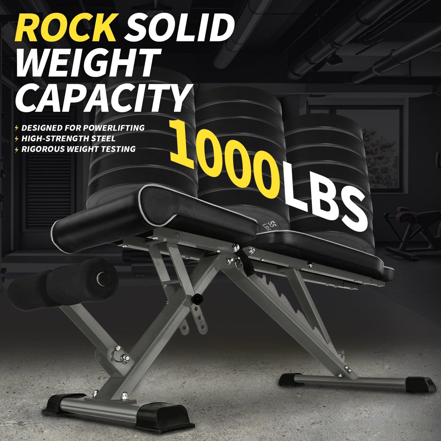 Adjustable Weight Bench,1000 LB Fast Folding Workout Bench for Home Gym Strength Training, Incline Decline Flat Utility Bench Press for Full Body Workout, Upright Storage Yellow Exercise Bench (Grey)