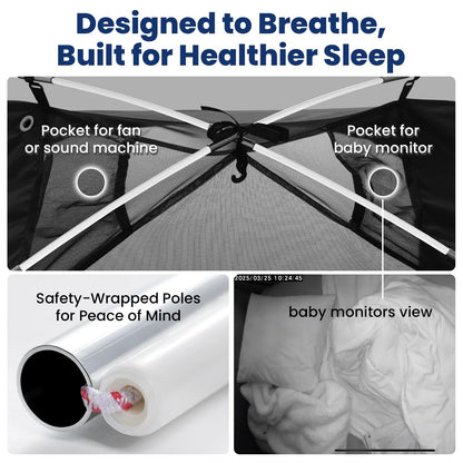 KNOCLOC Blackout Tent for Crib, Pack N Play, Toddler Travel Bed & Kids Cot, CPC Certified Baby Sleep Pod with Fan Pocket, 2 Mesh Doors, Breathable & Quiet Design, Easy Setup & Portable