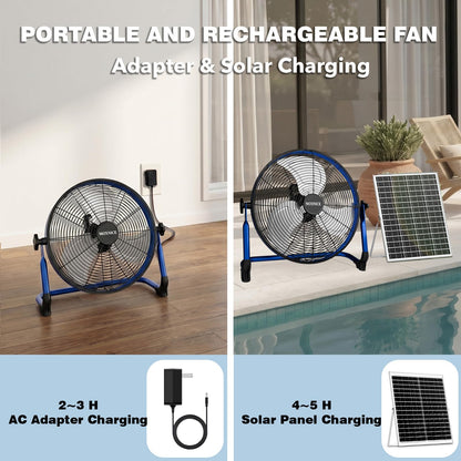 MOXNICE 18" Solar Rechargeable Floor Fan, 30W Cordless Solar Fan Outdoor, Portable Camping Fan, Hi-airflow, USB Output, Wireless, for Home Garage RV Camping Greenhouse