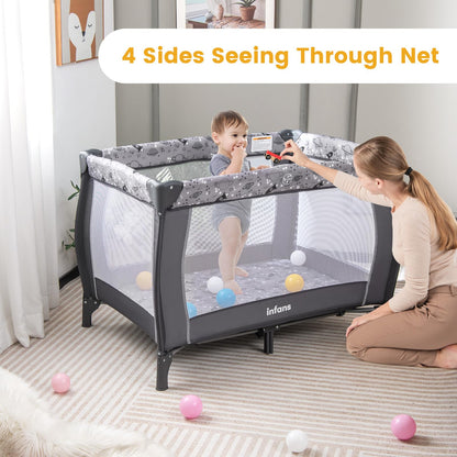 INFANS 4 in 1 Pack and Play, Portable Travel Baby Playard with Bassinet, Changing Table, Canopy, Mosquito Net, Hanging Toys, Music Box, Storage Bag, Large Playpen from Newborn to Toddlers (Grey)