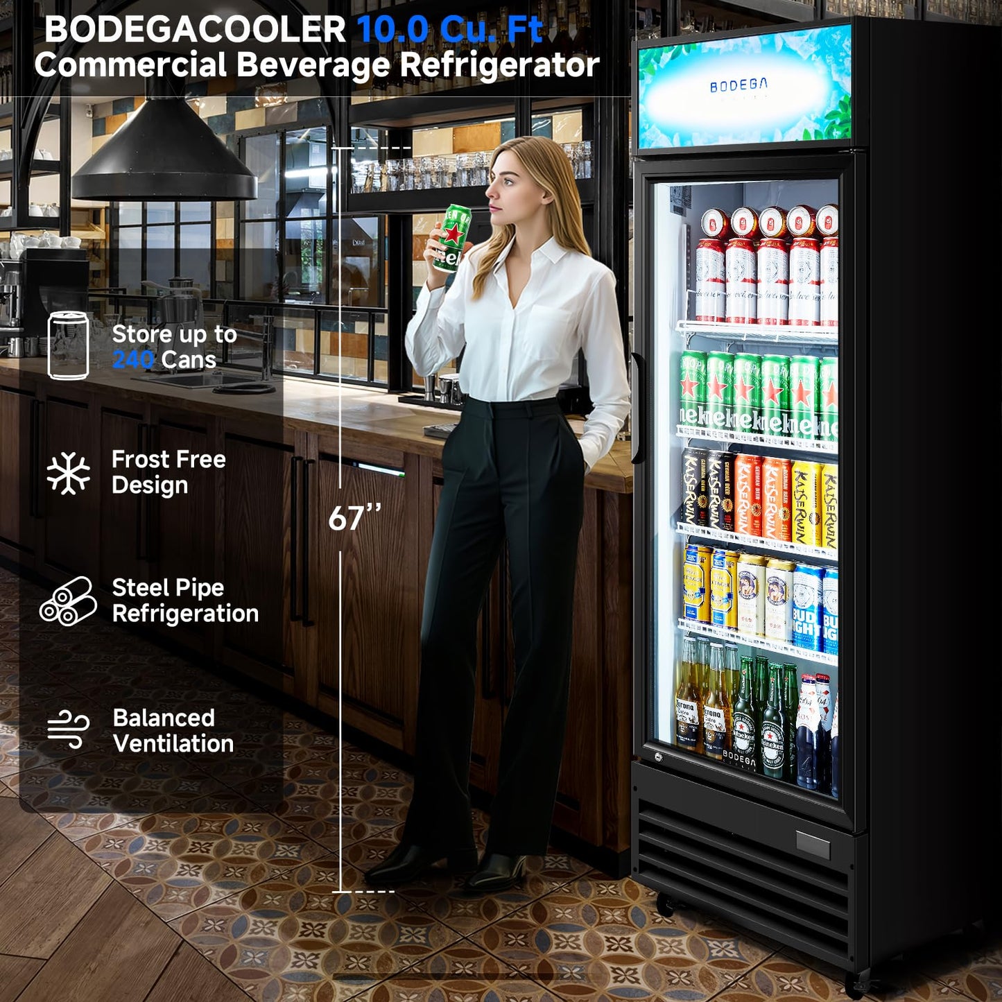 BODEGACOOLER Commercial Merchandiser Refrigerator,10 Cu.Ft Commercial Beverage Cooler with Single Glass Door,Upright Door Display Refrigerator Drink Commercial Bar Cooler with 4 Adjustable Shelves