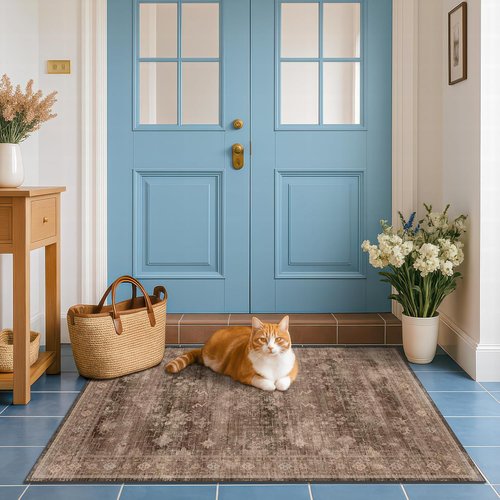 Boho Taupe Brown 3x5 Area Rug - Modern Vintage Washable Non-Slip Entryway Mat for Indoor Use