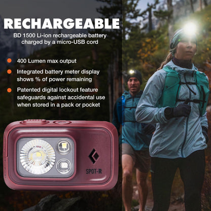 BLACK DIAMOND Spot 400-R Rechargeable Headlamp | 400 Lumens, Dimmable | Micro-USB Charging | Waterproof & Compact | Camping, Hiking, Running | Bordeaux