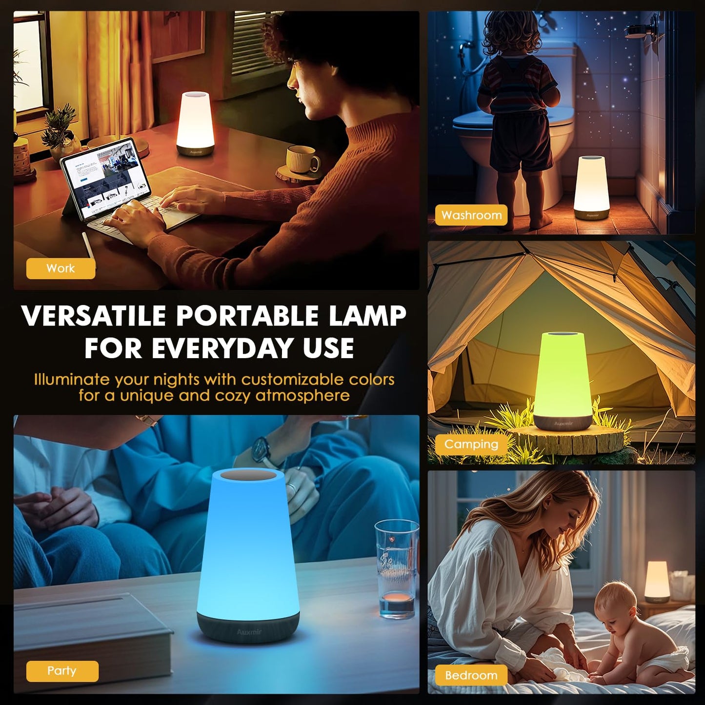 Auxmir LED Night Light Bedside Lamp Touch and Remote Control Dimmable Tabletop 13 RGB Colors Changing 5 Brightness Adjustable Rechargeable Portable Lamp for Baby Kids Nursery Bedroom Bathroom Camping